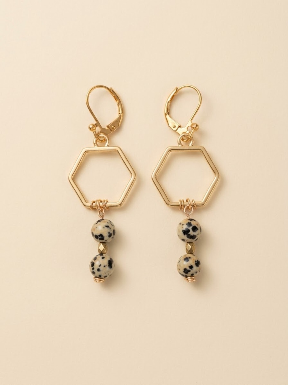 Gold Hexagon Drop Earrings with Dalmatian Jasper Accent